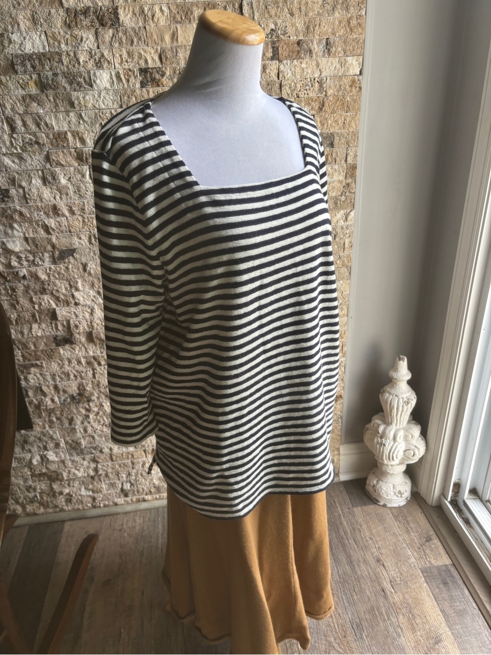 J. Jill Black and Cream Striped Square-Neck Long Sleeve Top - Relaxed Knit